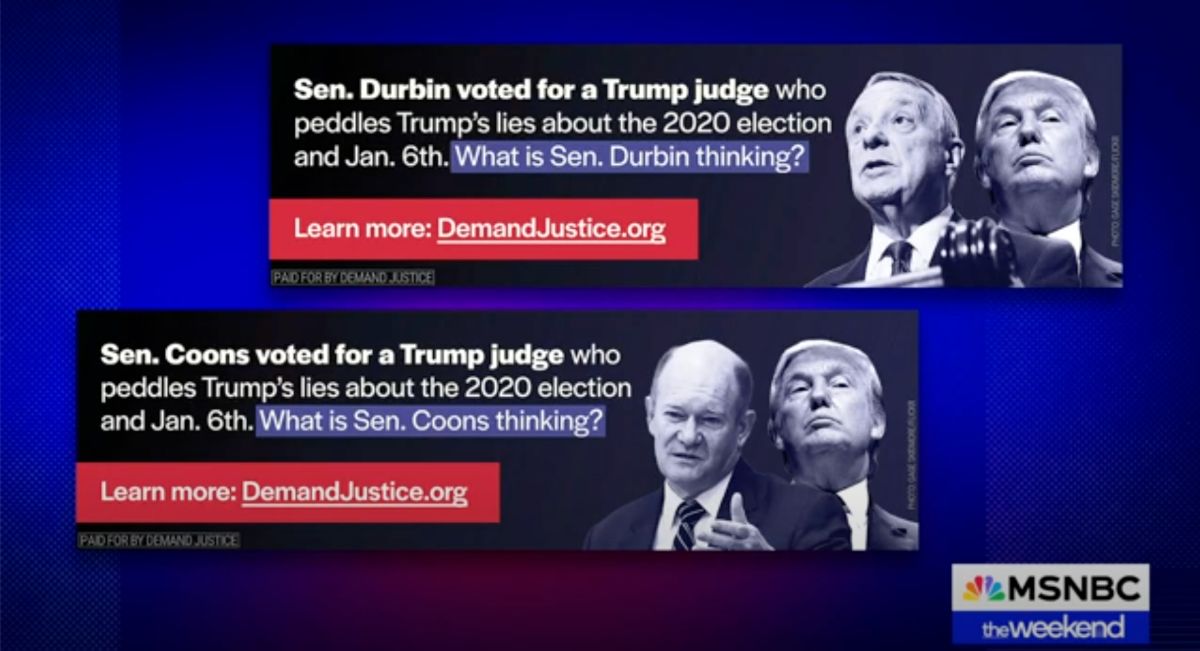 Ad Campaign: Sen. Coons and Sen. Durbin voted for a Trump judge who peddles Trump's lies about the 2020 election and Jan. 6th. What are Sen. Coons and Sen. Durbin thinking?