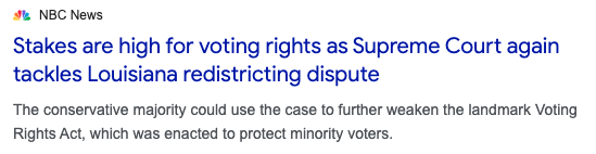 NBC News: Stakes are high for voting rights as Supreme Court again tackles Louisiana redistricting dispute.