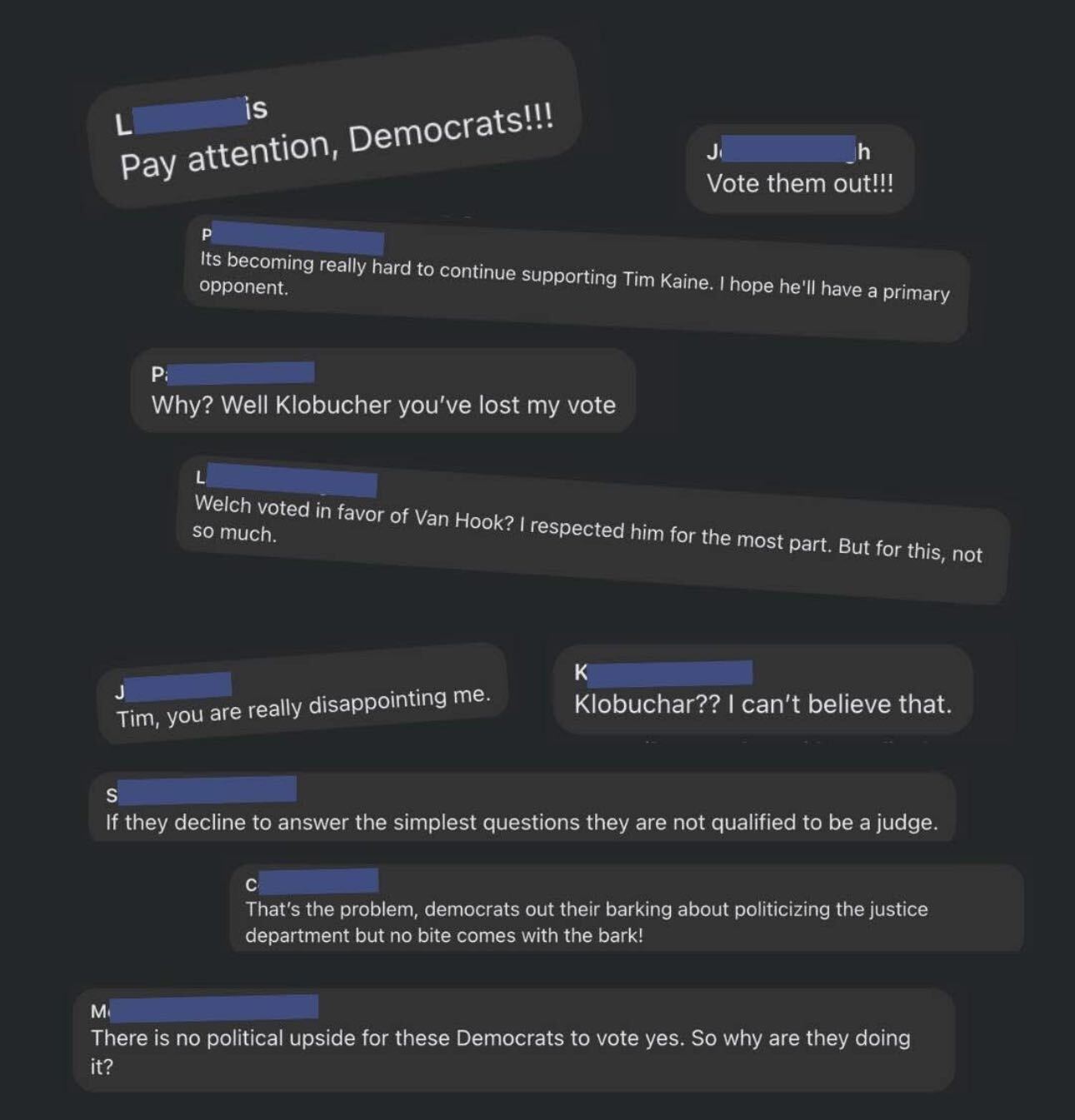 Comments from people about Senate Democrats advancing Trump's crony judges.