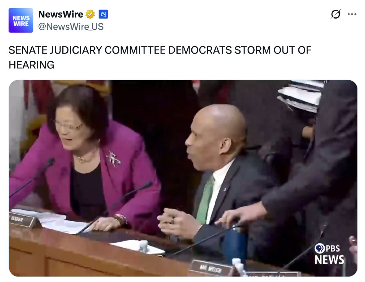 A post on X from NewsWire (@NewsWire_US) reading 'SENATE JUDICIARY COMMITTEE DEMOCRATS STORM OUT OF HEARING'. It contains a still from a video of Senators Cory Booker and Mazie Hirono standing to walk out of the hearing.