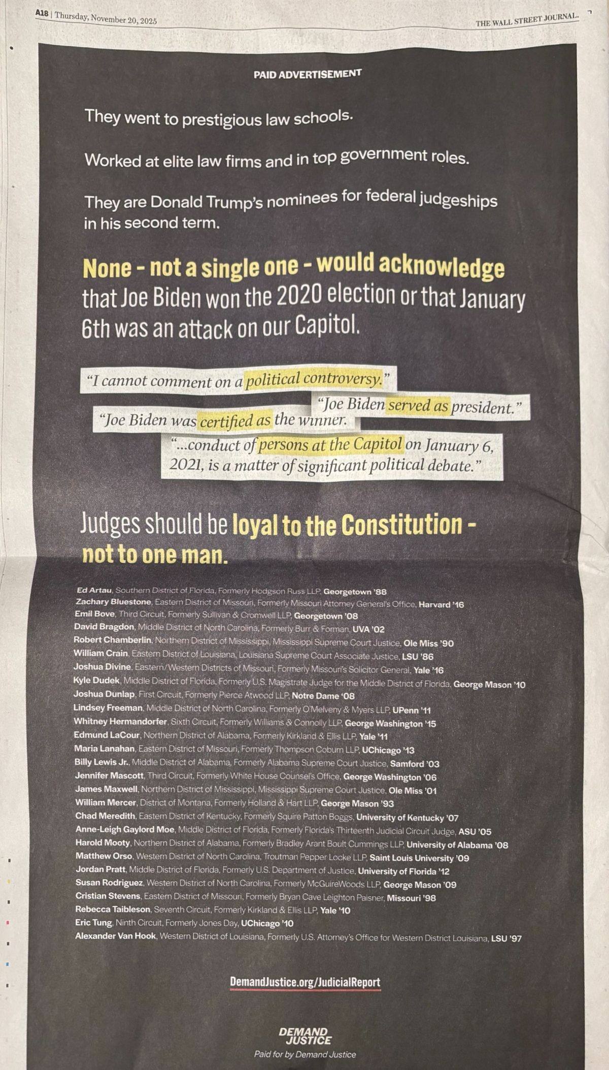 Demand Justice's full-page ad in the Wall Street Journal